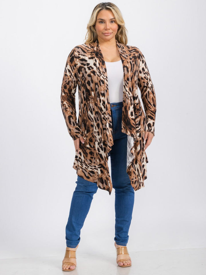 PLUS SIZE LONG SLEEVE OPEN FRONT ELBOW PATCH ANIMAL PRINT CARDIGAN