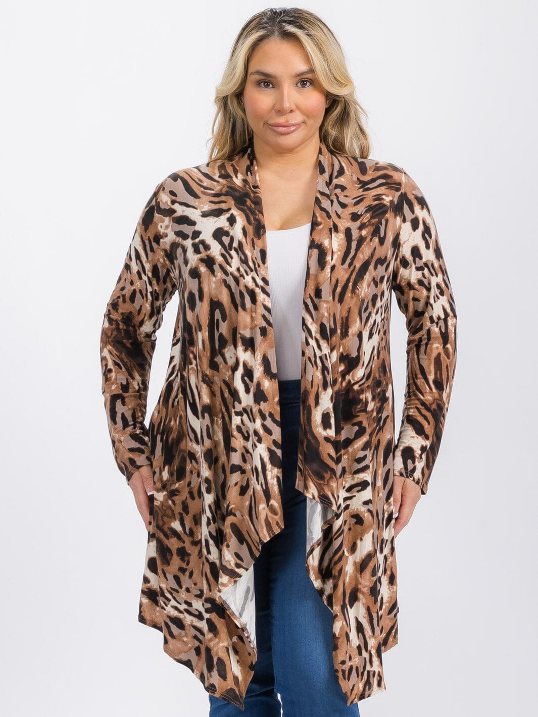 PLUS SIZE LONG SLEEVE OPEN FRONT ELBOW PATCH ANIMAL PRINT CARDIGAN