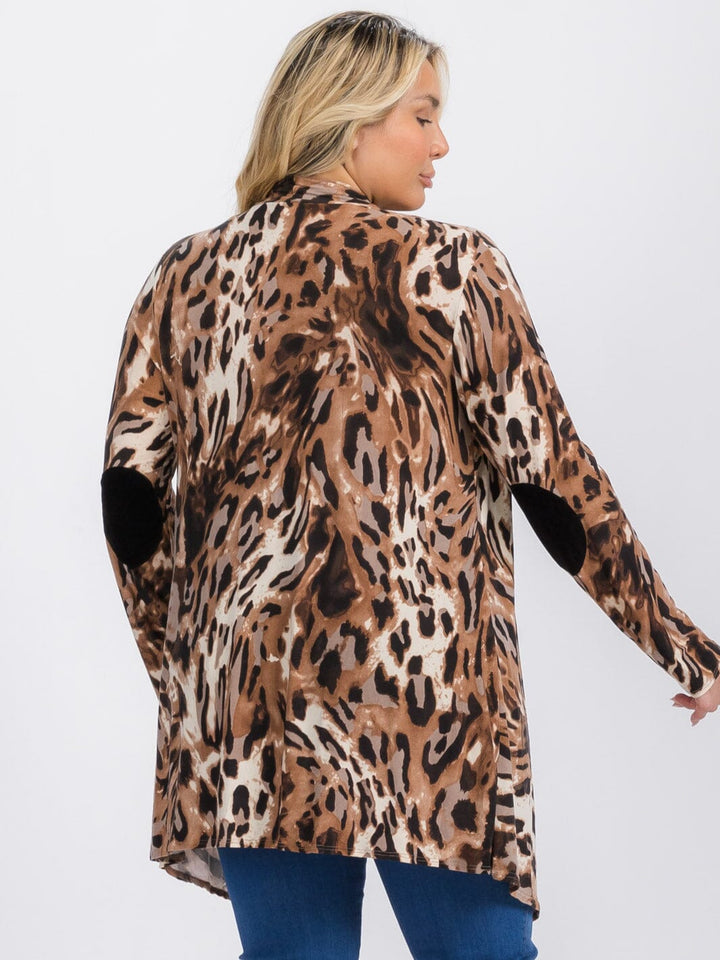 PLUS SIZE LONG SLEEVE OPEN FRONT ELBOW PATCH ANIMAL PRINT CARDIGAN