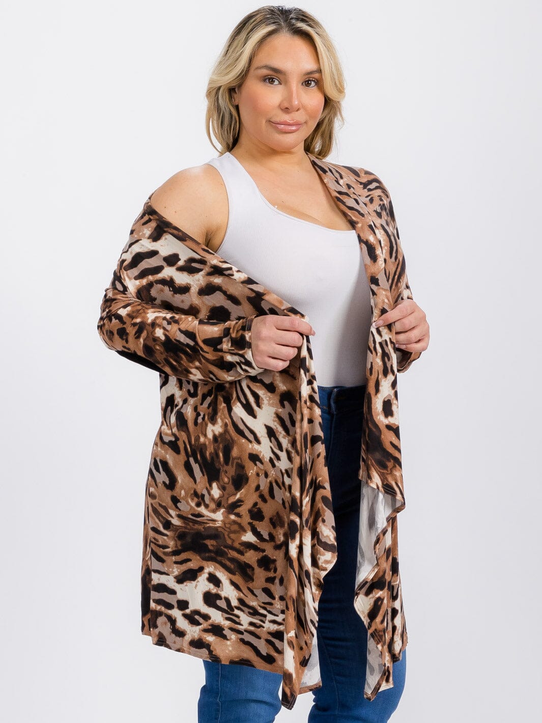 PLUS SIZE LONG SLEEVE OPEN FRONT ELBOW PATCH ANIMAL PRINT CARDIGAN
