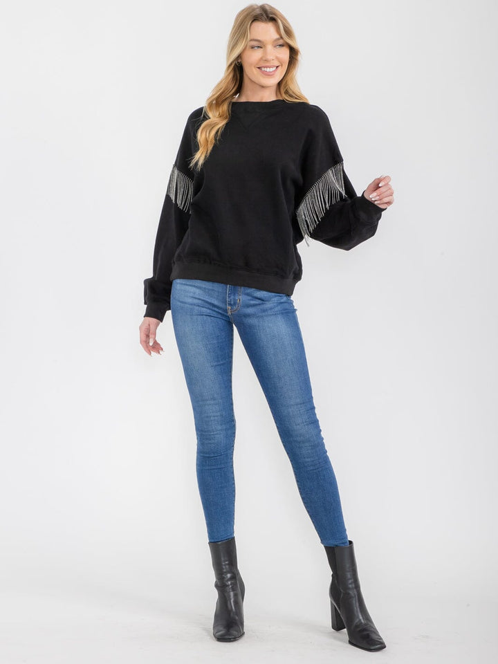 WOMEN'S LONG SLEEVE FRINGE DETAILED PULLOVER SWEATER