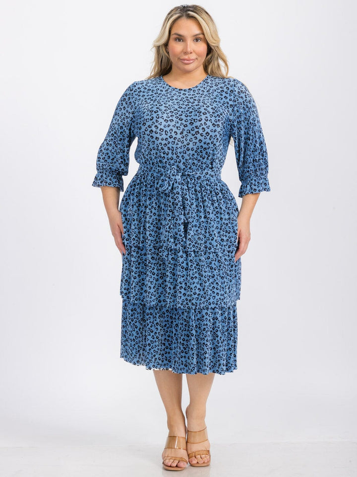 PLUS SIZE SHORT SLEEVE SELF TIE TIERED ANIMAL PRINT MIDI DRESS