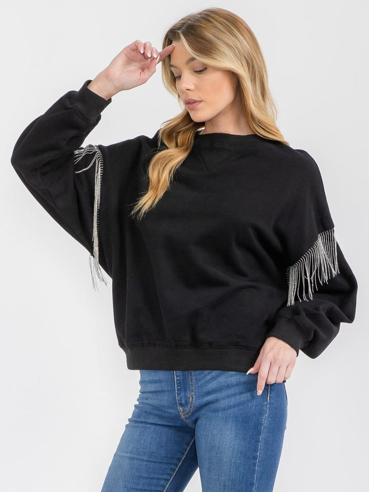 WOMEN'S LONG SLEEVE FRINGE DETAILED PULLOVER SWEATER