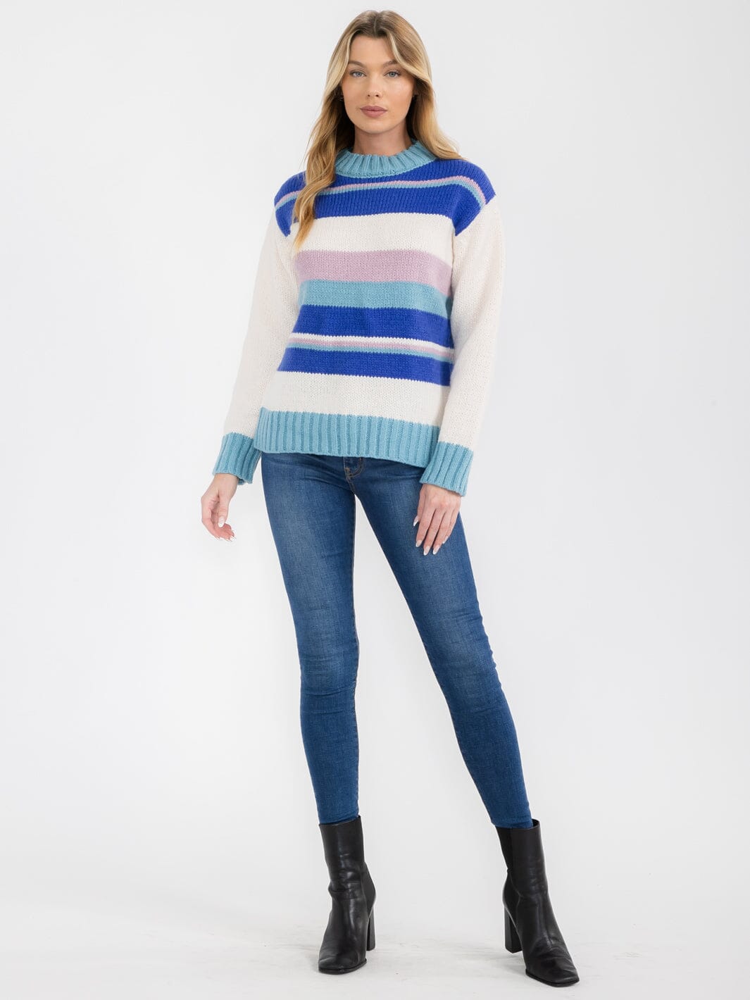 WOMEN'S LONG SLEEVE COLORBLOCK STRIPES PULLOVER SWEATER