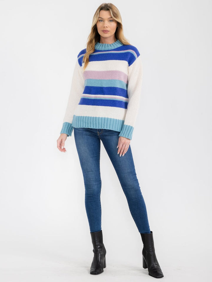 WOMEN'S LONG SLEEVE COLORBLOCK STRIPES PULLOVER SWEATER
