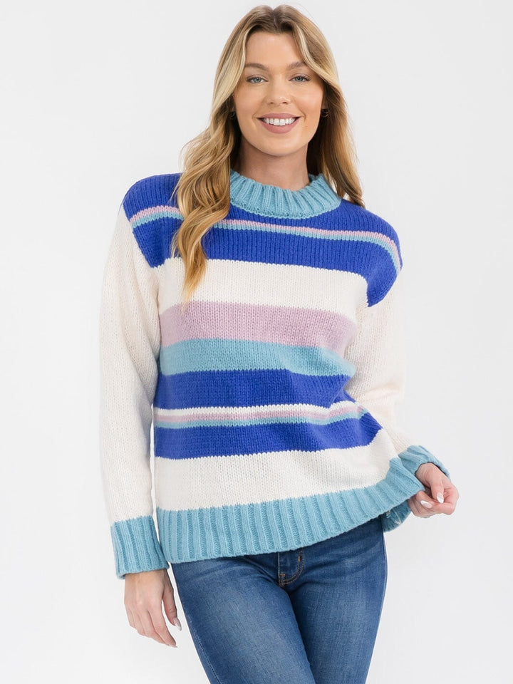 WOMEN'S LONG SLEEVE COLORBLOCK STRIPES PULLOVER SWEATER