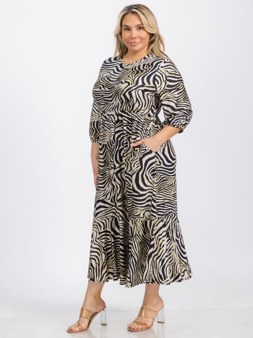 PLUS SIZE 3/4 SLEEVE ELASTIC WAIST FRONT POCKETS ZEBRA PRINT MIDI DRESS