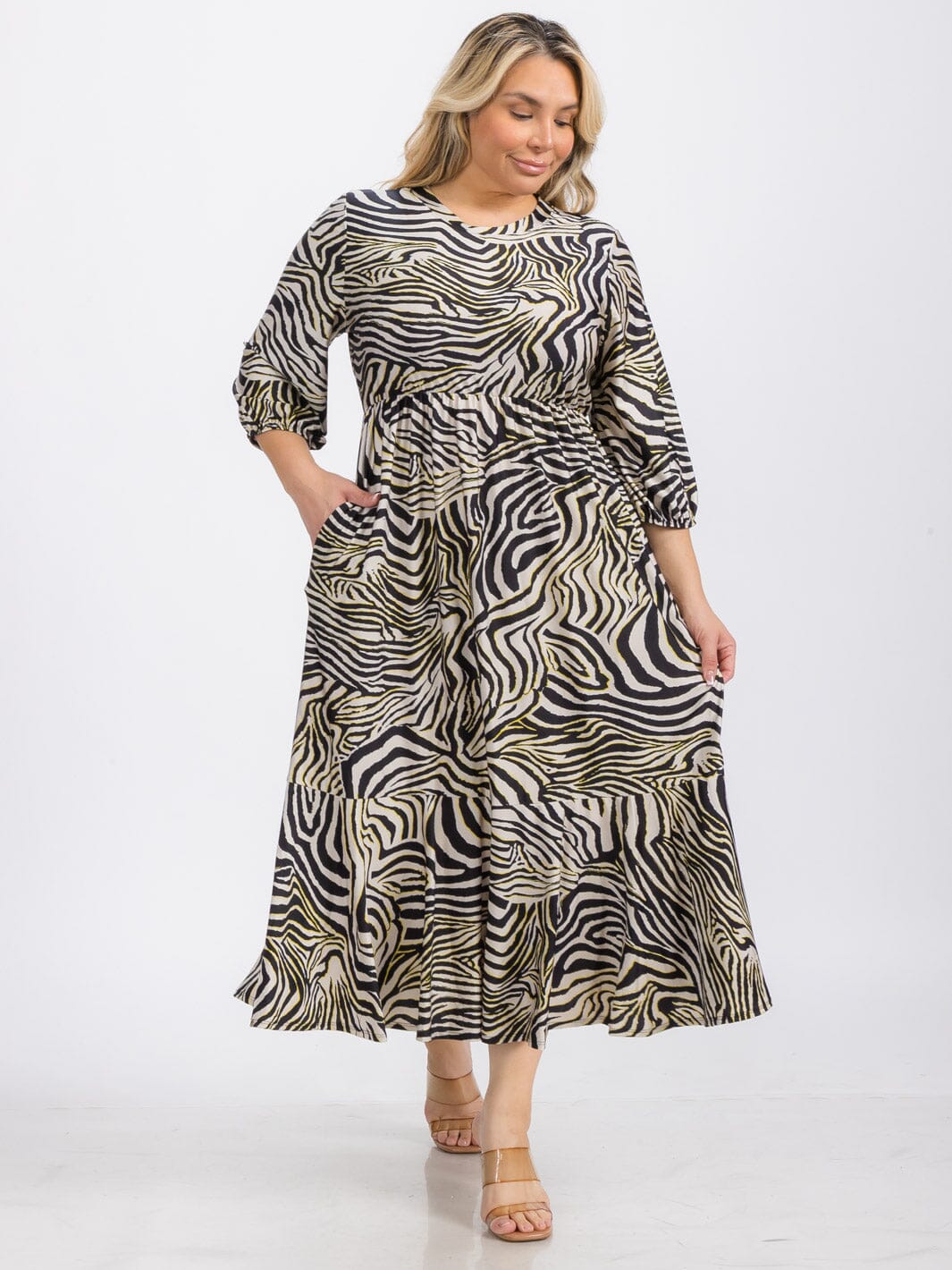 PLUS SIZE 3/4 SLEEVE ELASTIC WAIST FRONT POCKETS ZEBRA PRINT MIDI DRESS