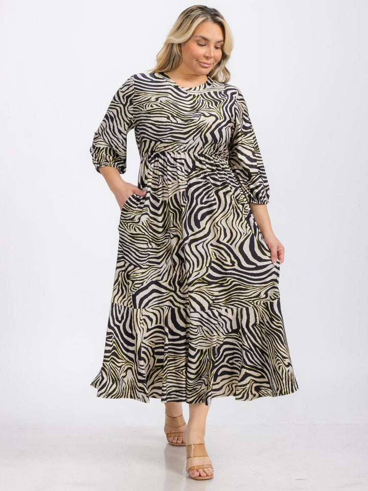 PLUS SIZE 3/4 SLEEVE ELASTIC WAIST FRONT POCKETS ZEBRA PRINT MIDI DRESS