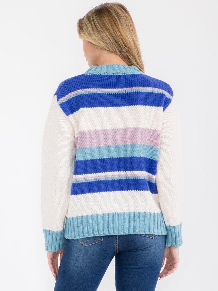 WOMEN'S LONG SLEEVE COLORBLOCK STRIPES PULLOVER SWEATER