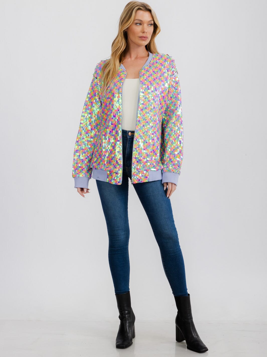 WOMEN'S LONG SLEEVE ZIPPER CLOSURE FRONT POCKETS MULTI SEQUINS JACKET