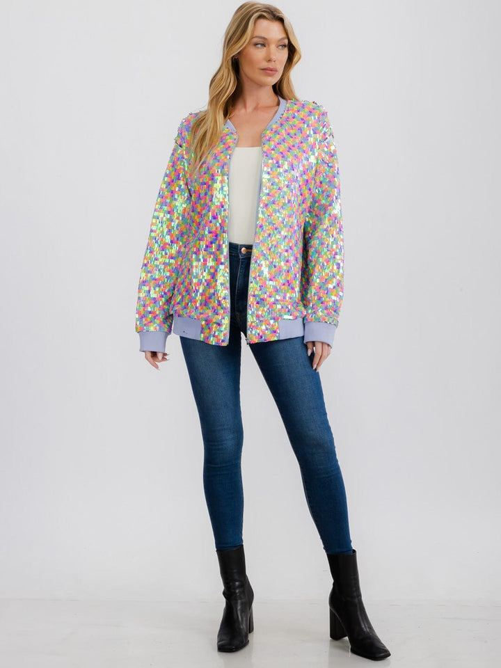 WOMEN'S LONG SLEEVE ZIPPER CLOSURE FRONT POCKETS MULTI SEQUINS JACKET