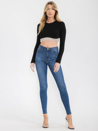 WOMEN'S LONG SLEEVE STUDS TRIM DETAILED CROP TOP