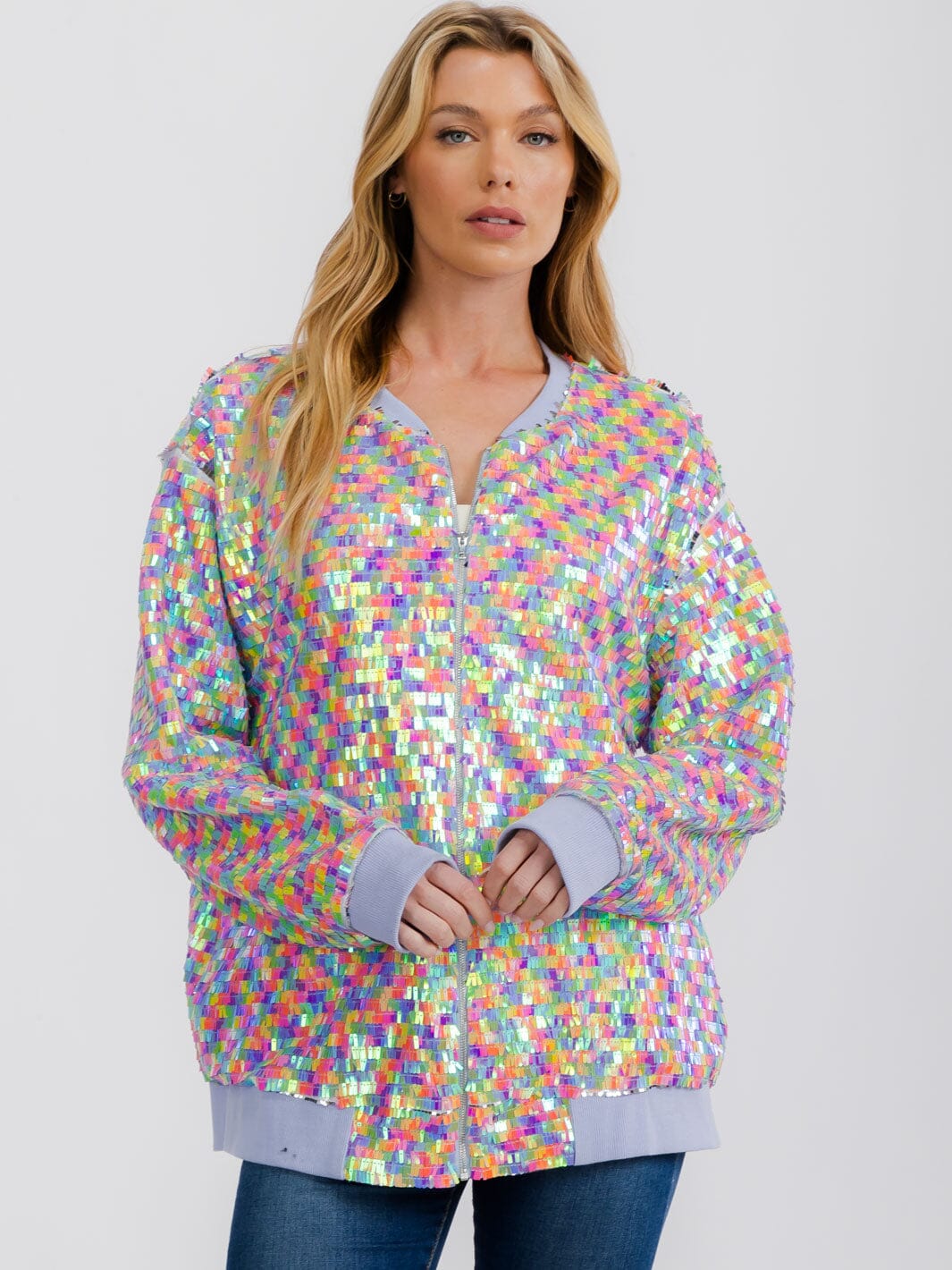 WOMEN'S LONG SLEEVE ZIPPER CLOSURE FRONT POCKETS MULTI SEQUINS JACKET