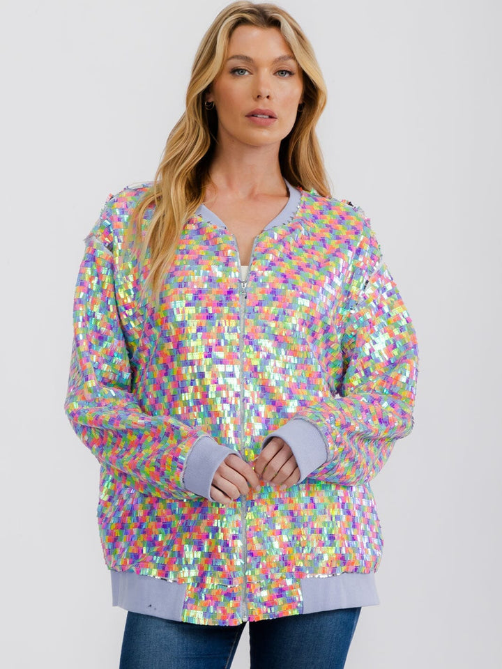 WOMEN'S LONG SLEEVE ZIPPER CLOSURE FRONT POCKETS MULTI SEQUINS JACKET