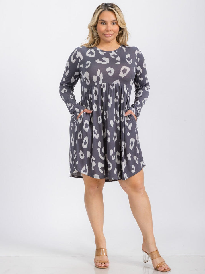 PLUS SIZE LONG SLEEVE ELASTIC WAIST FRONT POCKETS ANIMAL PRINT MINI DRESS