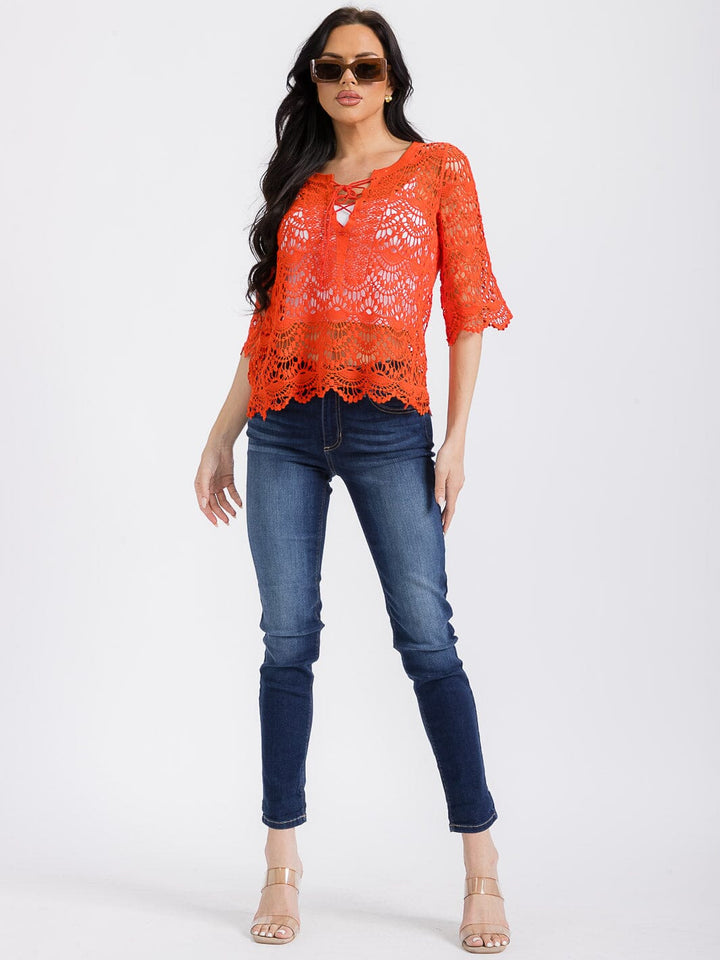 WOMEN'S 3/4 SLEEVES V-NECK CROCHET TOP