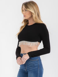 WOMEN'S LONG SLEEVE STUDS TRIM DETAILED CROP TOP