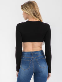 WOMEN'S LONG SLEEVE STUDS TRIM DETAILED CROP TOP