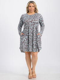 PLUS SIZE LONG SLEEVE ELASTIC WAIST FRONT POCKETS ANIMAL PRINT MINI DRESS