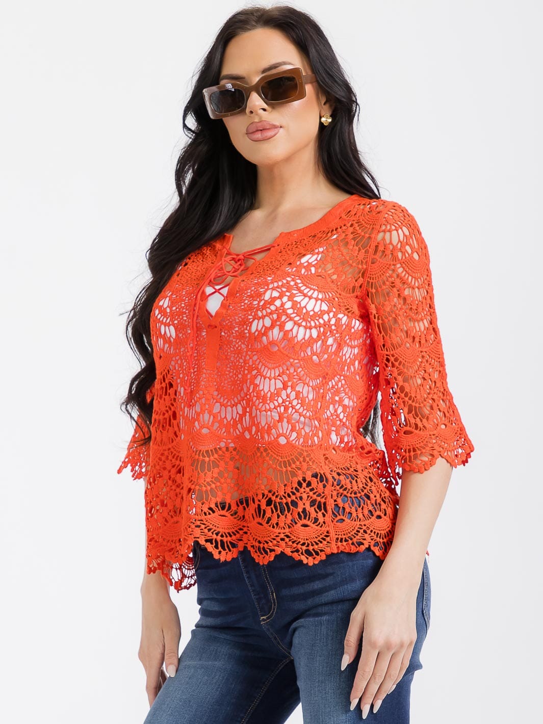 WOMEN'S 3/4 SLEEVES V-NECK CROCHET TOP