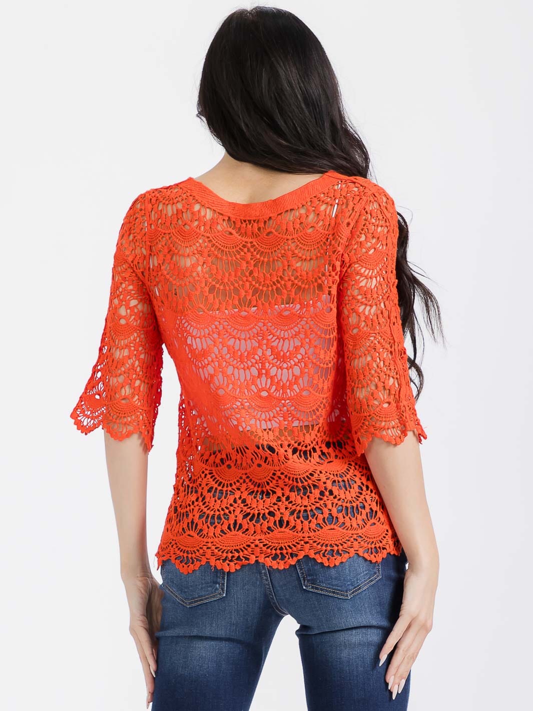 WOMEN'S 3/4 SLEEVES V-NECK CROCHET TOP