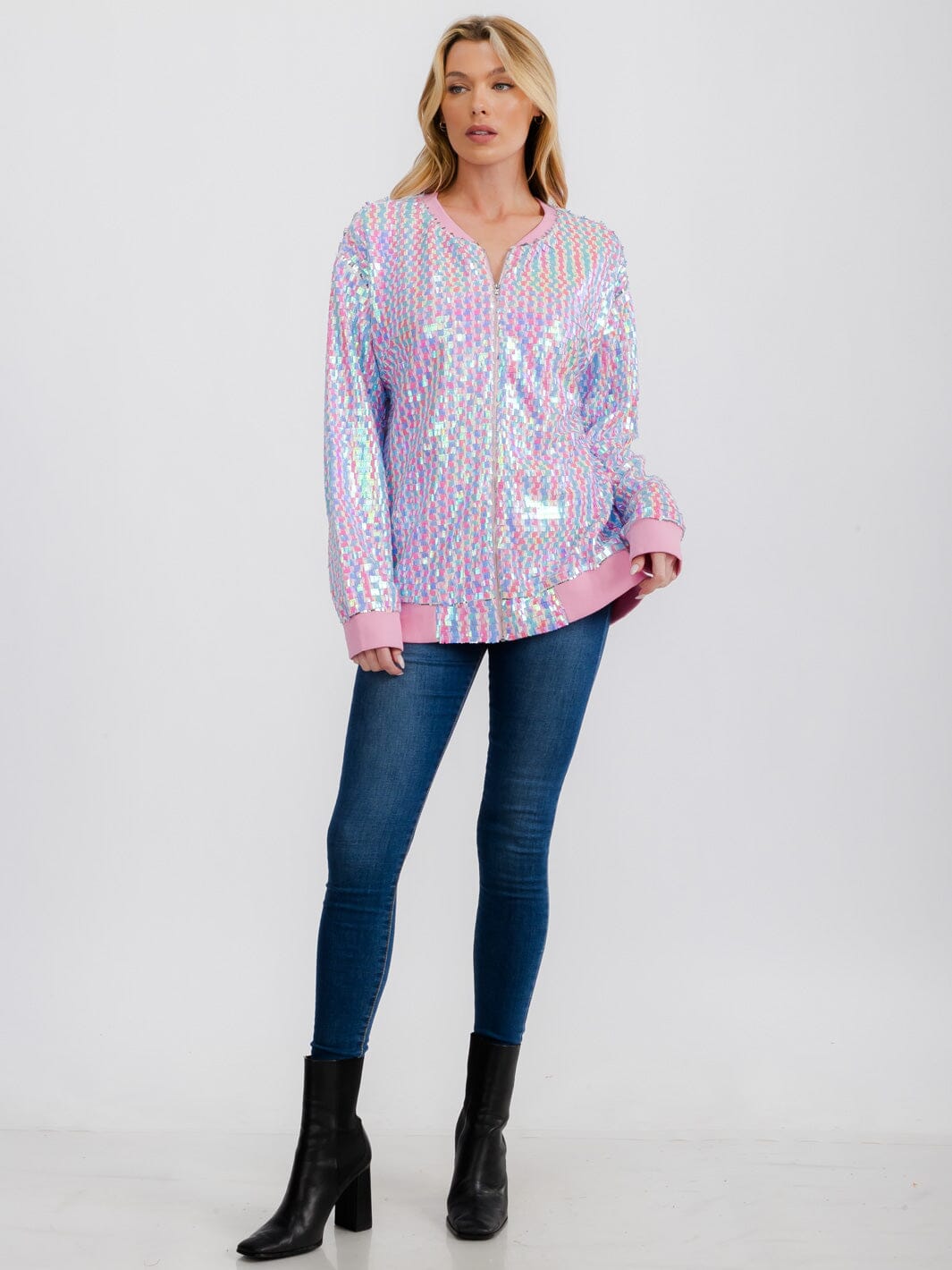 WOMEN'S LONG SLEEVE ZIPPER CLOSURE FRONT POCKETS MULTI SEQUINS JACKET