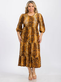 PLUS 3/4 SLEEVE FRONT POCKETS MULTI PRINT TIERED MIDI DRESS