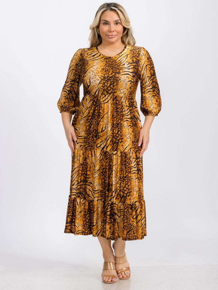 PLUS 3/4 SLEEVE FRONT POCKETS MULTI PRINT TIERED MIDI DRESS