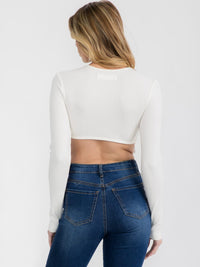 WOMEN'S LONG SLEEVE STUDS TRIM DETAILED CROP TOP