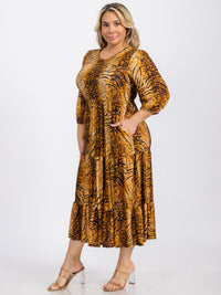 PLUS 3/4 SLEEVE FRONT POCKETS MULTI PRINT TIERED MIDI DRESS