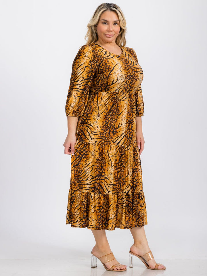 PLUS 3/4 SLEEVE FRONT POCKETS MULTI PRINT TIERED MIDI DRESS