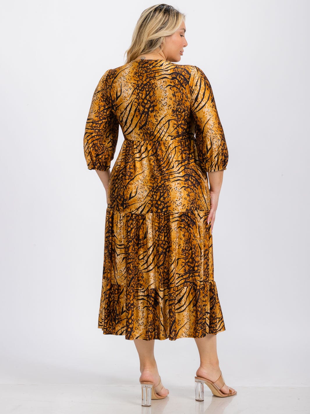 PLUS 3/4 SLEEVE FRONT POCKETS MULTI PRINT TIERED MIDI DRESS