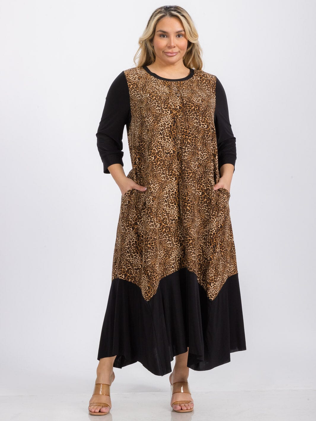 PLUS SIZE 3/4 SLEEVE TUNIC FRONT POCKETS LEOPARD PRINT MAXI DRESS