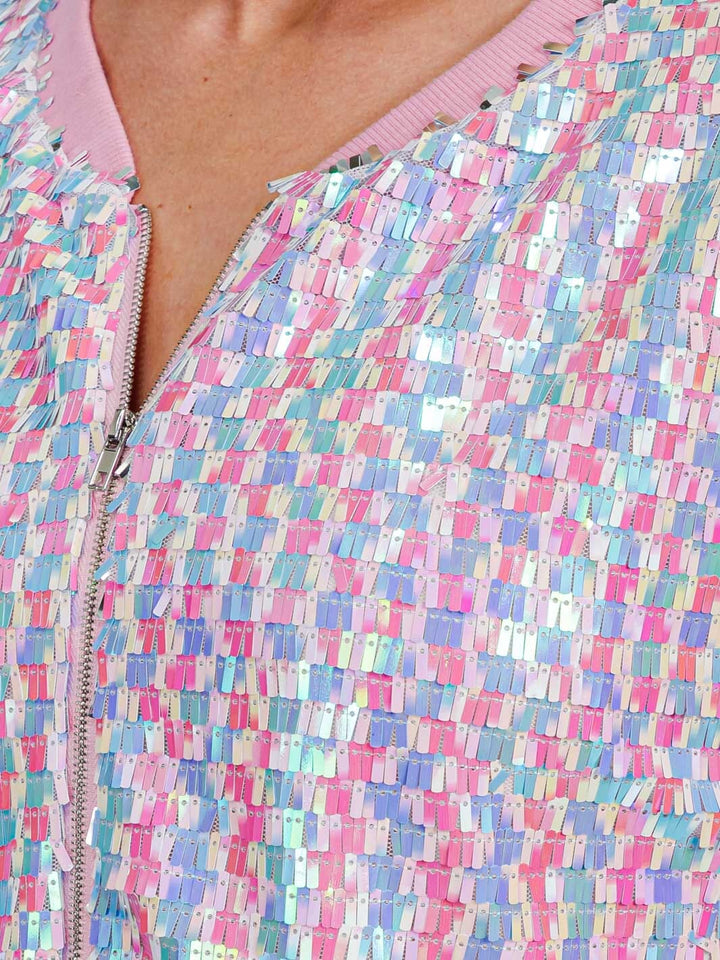 WOMEN'S LONG SLEEVE ZIPPER CLOSURE FRONT POCKETS MULTI SEQUINS JACKET