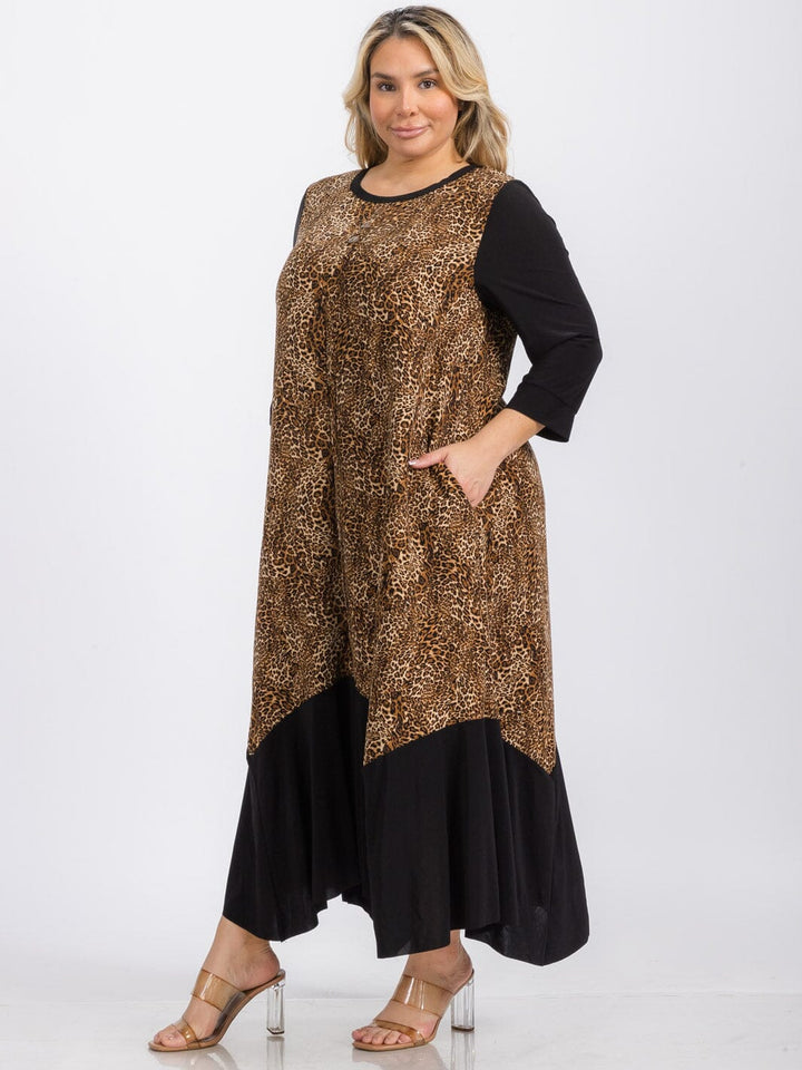 PLUS SIZE 3/4 SLEEVE TUNIC FRONT POCKETS LEOPARD PRINT MAXI DRESS