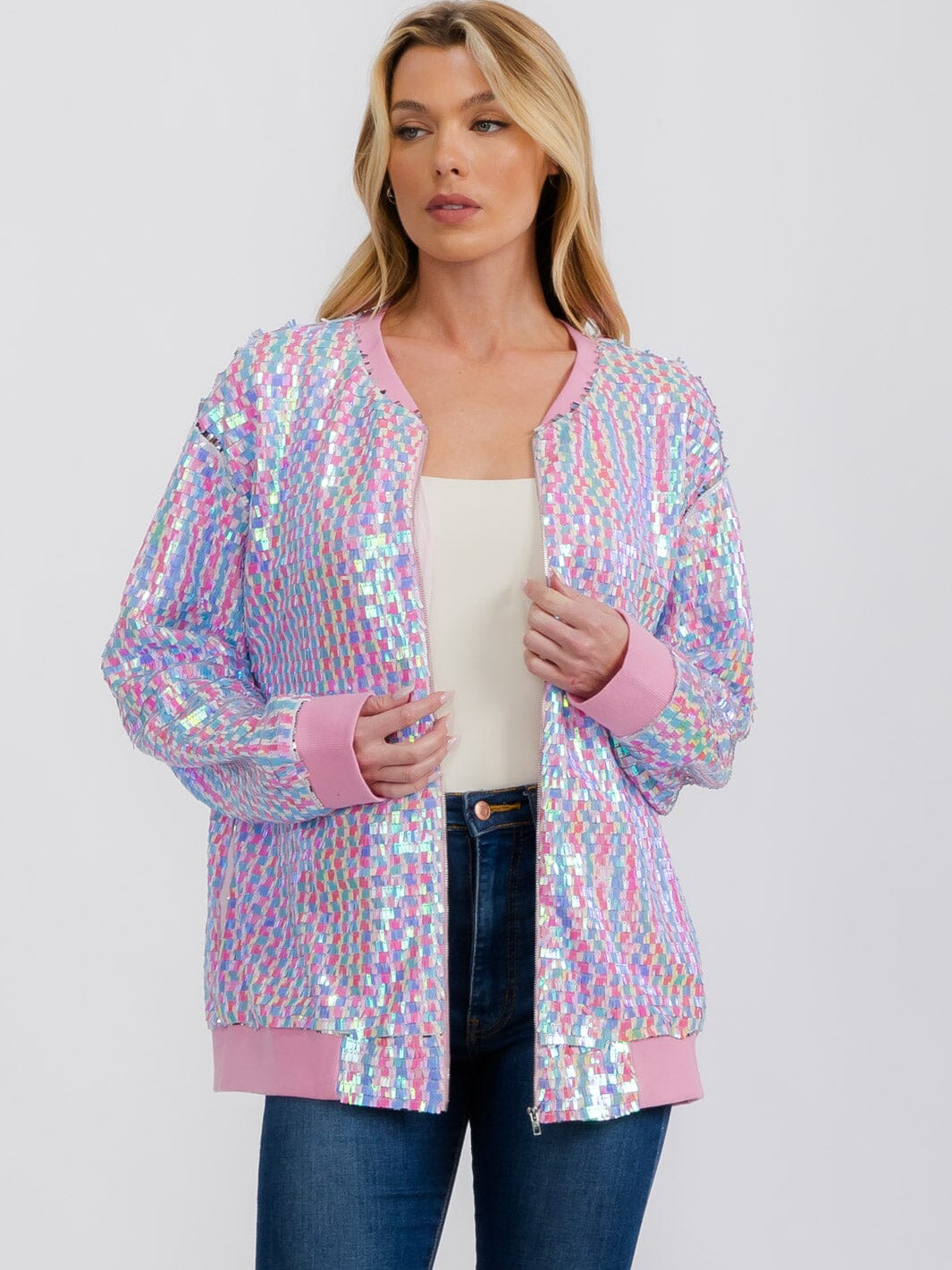 WOMEN'S LONG SLEEVE ZIPPER CLOSURE FRONT POCKETS MULTI SEQUINS JACKET