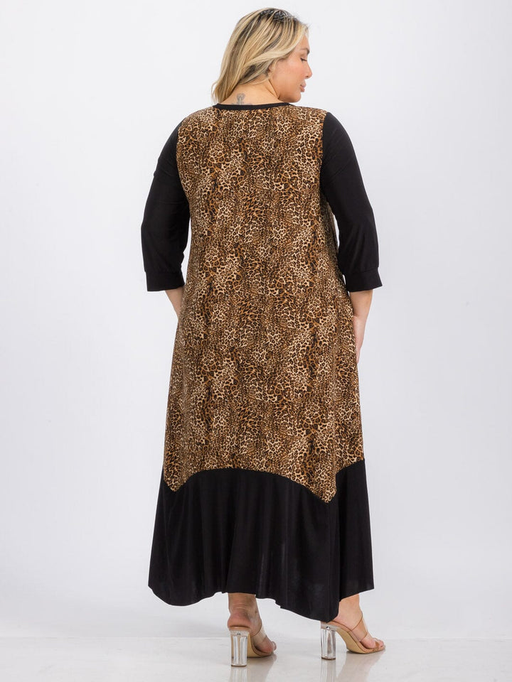PLUS SIZE 3/4 SLEEVE TUNIC FRONT POCKETS LEOPARD PRINT MAXI DRESS