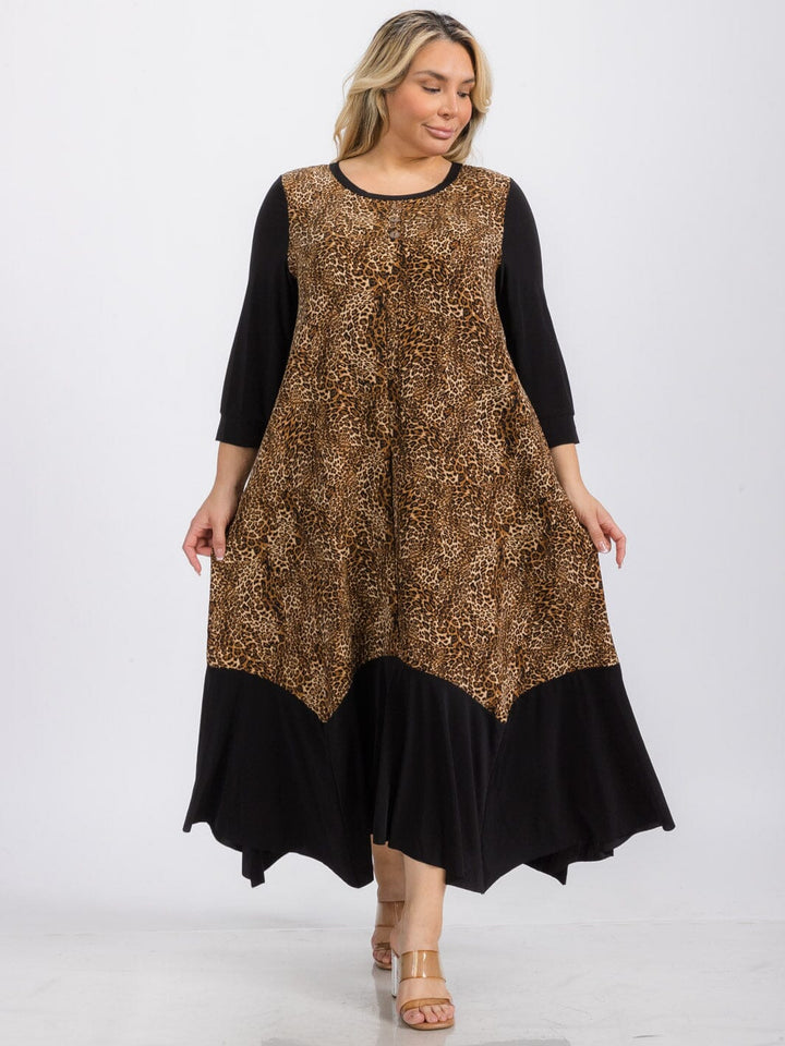 PLUS SIZE 3/4 SLEEVE TUNIC FRONT POCKETS LEOPARD PRINT MAXI DRESS