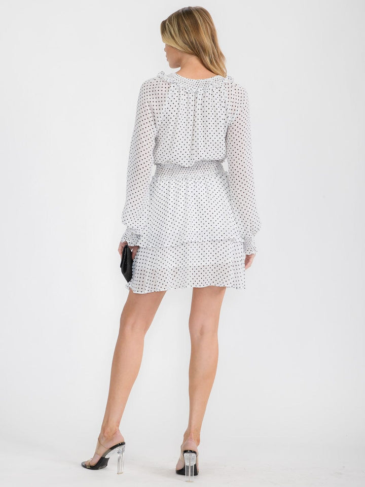 WOMEN'S LONG SLEEVE SMOCK WAIST FIT & FLARE POLKA DOT MINI DRESS