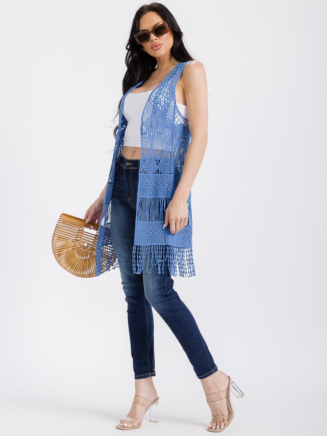 WOMEN'S SLEEVELESS OPEN FRONT FRINGE CROCHET CARDIGAN