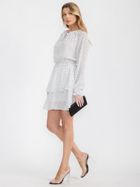 WOMEN'S LONG SLEEVE SMOCK WAIST FIT & FLARE POLKA DOT MINI DRESS