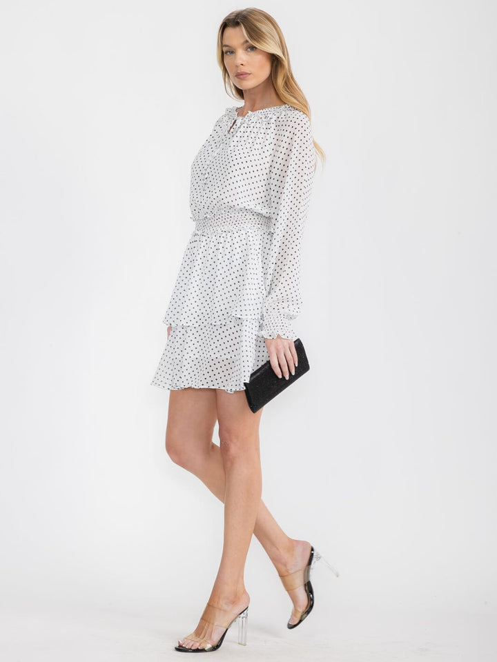 WOMEN'S LONG SLEEVE SMOCK WAIST FIT & FLARE POLKA DOT MINI DRESS