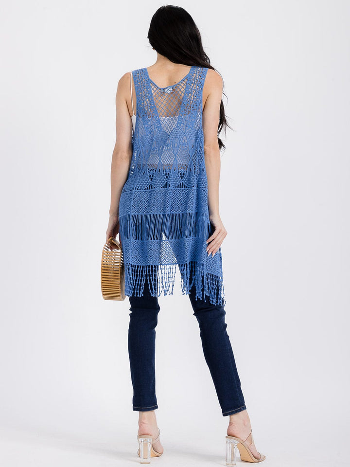 WOMEN'S SLEEVELESS OPEN FRONT FRINGE CROCHET CARDIGAN