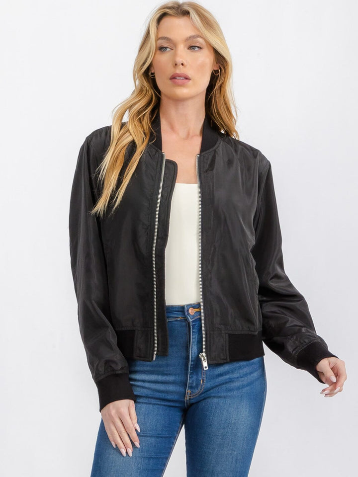 WOMEN'S LONG SLEEVE POCKETS ZIPPER CLOSURE BOMBER JACKET