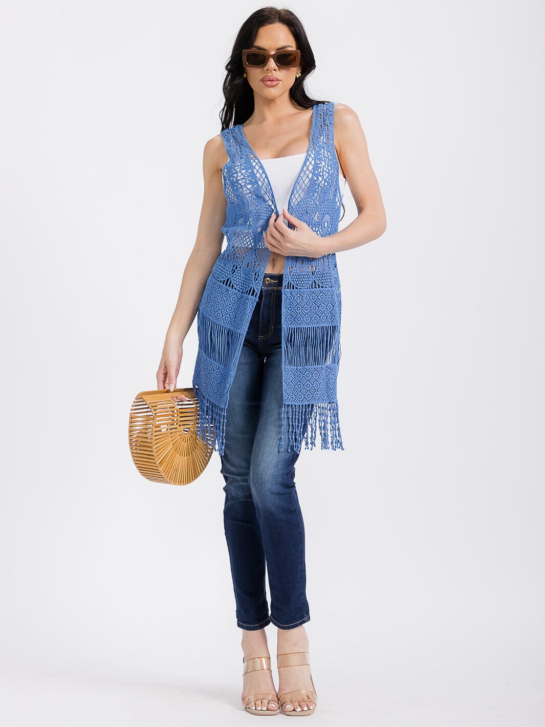 WOMEN'S SLEEVELESS OPEN FRONT FRINGE CROCHET CARDIGAN