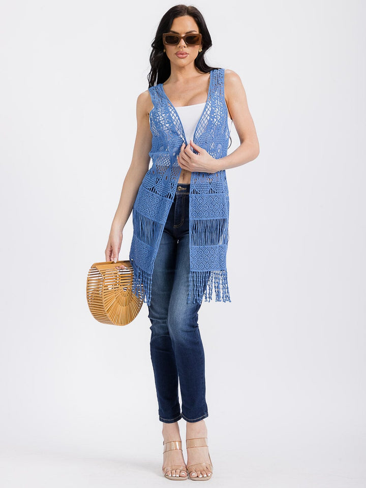 WOMEN'S SLEEVELESS OPEN FRONT FRINGE CROCHET CARDIGAN