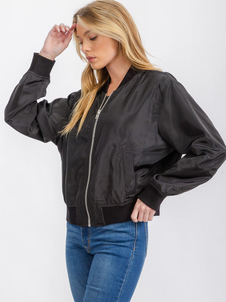 WOMEN'S LONG SLEEVE POCKETS ZIPPER CLOSURE BOMBER JACKET