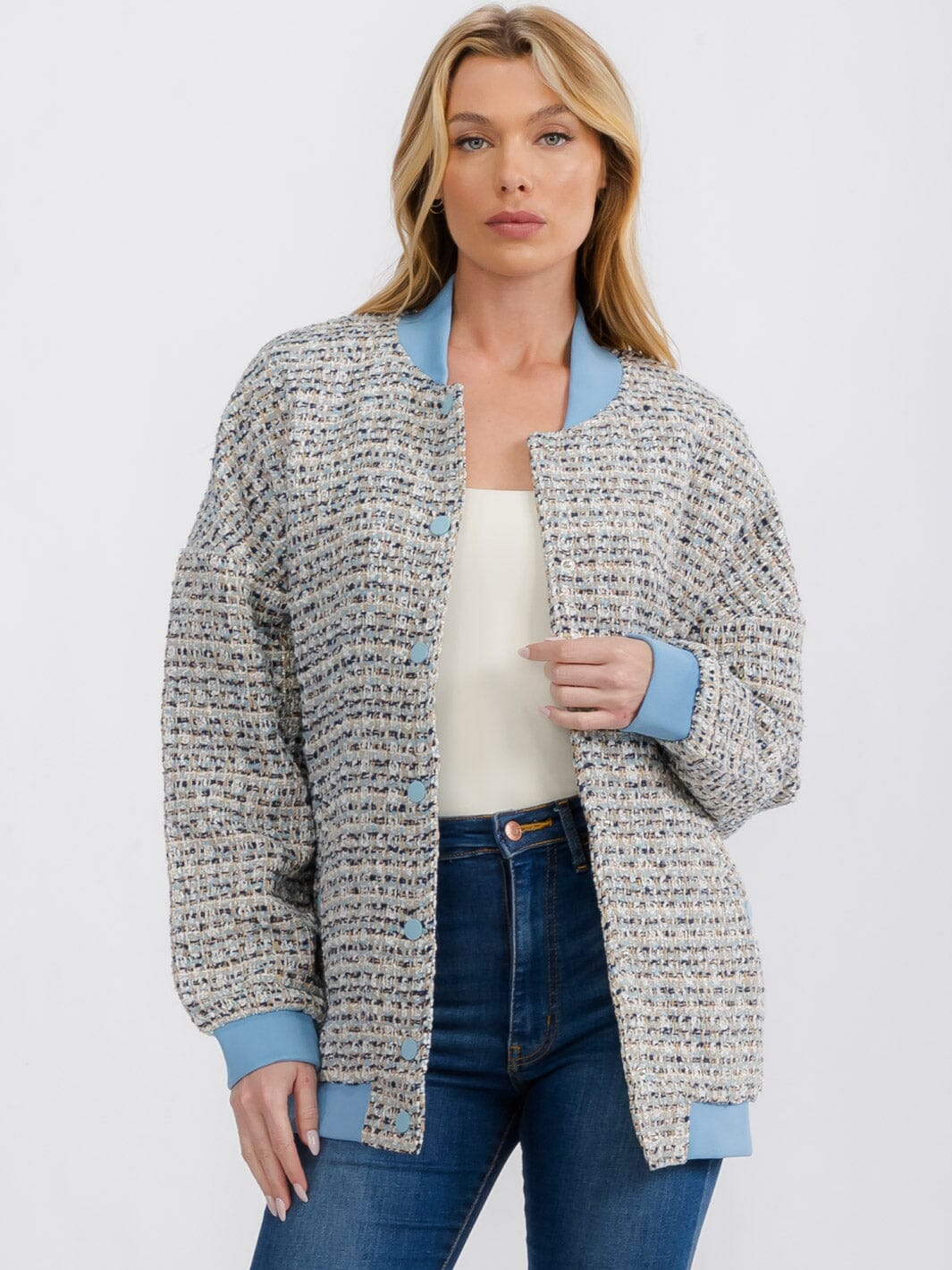 WOMEN'S LONG SLEEVE BUTTON UP POCKETS TWEED JACKET