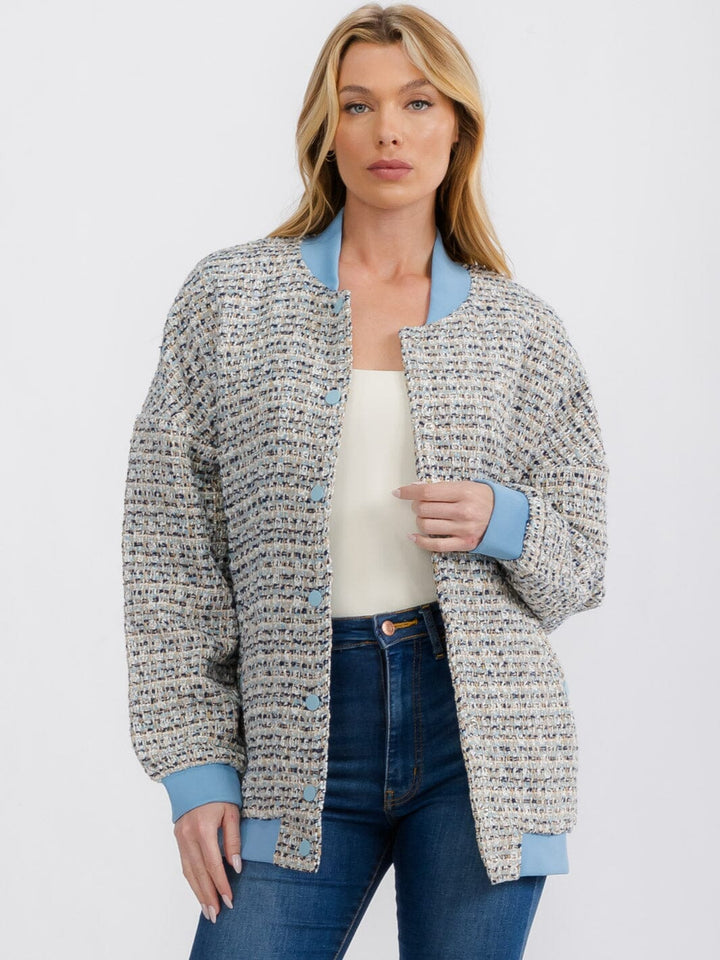 WOMEN'S LONG SLEEVE BUTTON UP POCKETS TWEED JACKET